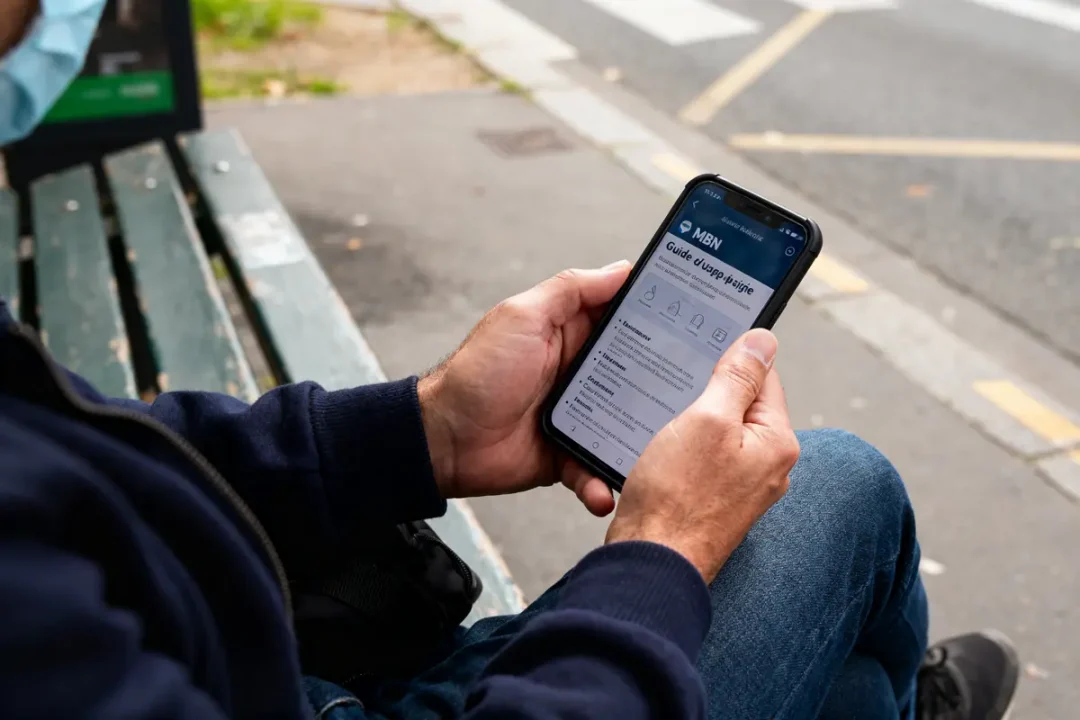 Personne assise, consultant guide hygiène sur smartphone, portant masque, à l'extérieur sur un banc près d'une route.