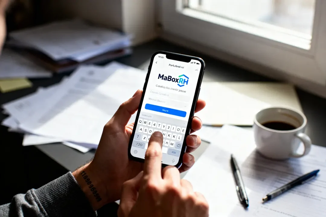 Personne utilisant une application MaBox RH sur smartphone, avec café et documents sur le bureau.