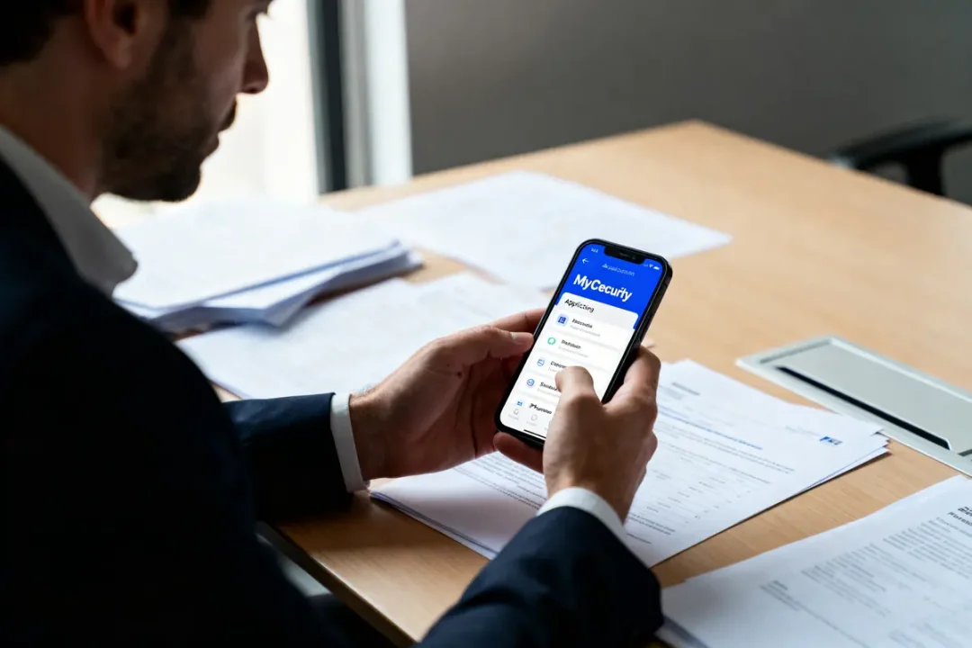 Homme de bureau utilisant une application de sécurité sur smartphone, entouré de documents sur un bureau en bois.