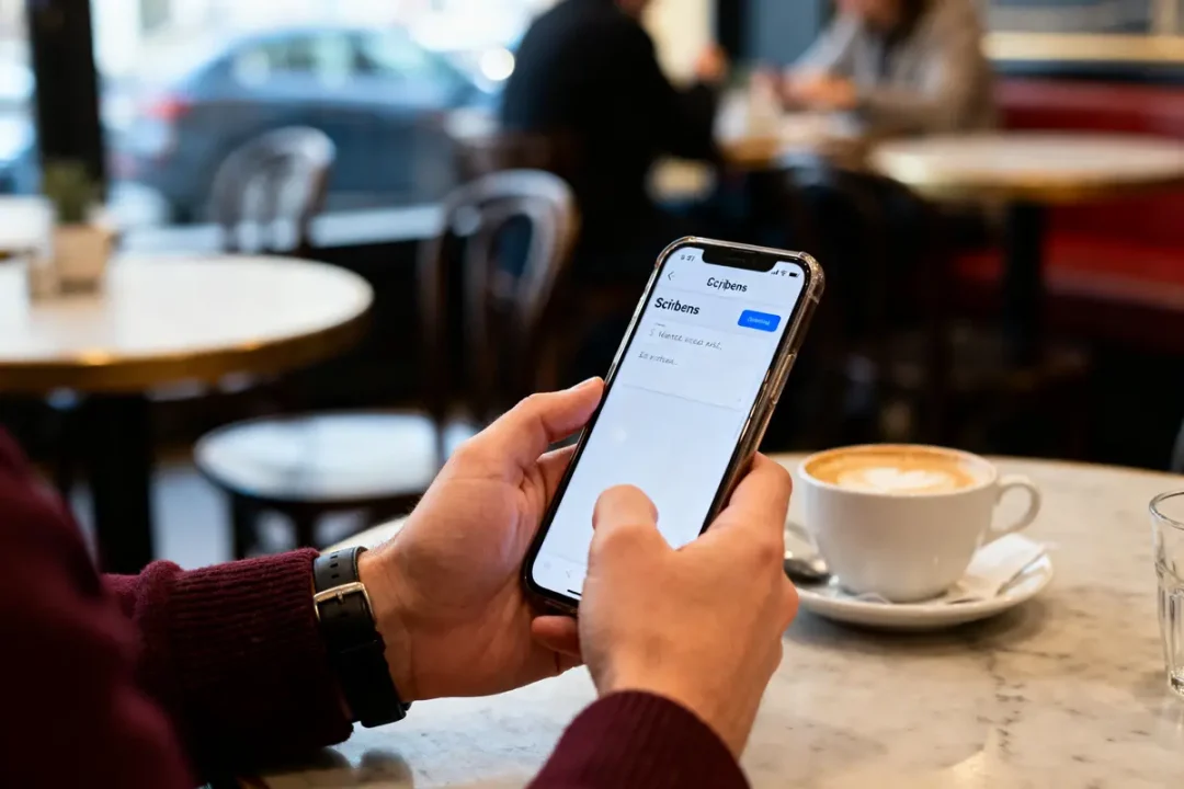 Personne utilisant un smartphone avec l'application Scribens dans un café, cappuccino sur la table.