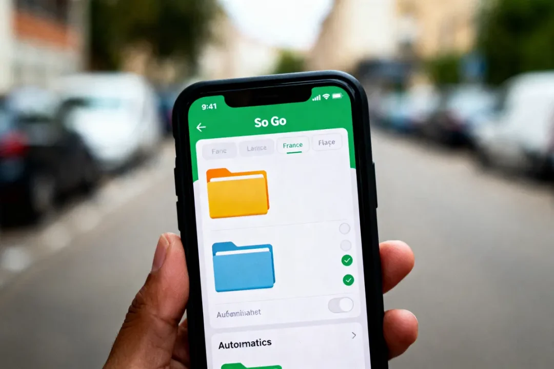Main tenant un smartphone affichant une application de gestion de fichiers avec dossiers colorés, arrière-plan flou urbain.