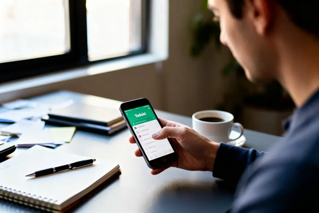 Personne utilisant une application de gestion de tâches sur smartphone, bureau avec cahier, stylo et tasse de café.