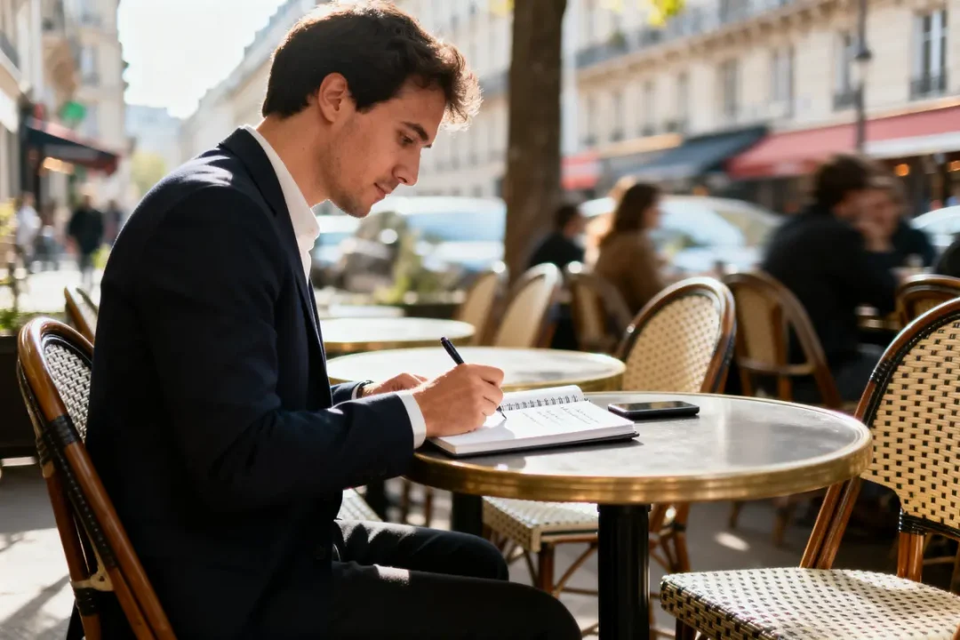 Homme écrivant dans un cahier à la terrasse d'un café parisien, en costume, journée ensoleillée.