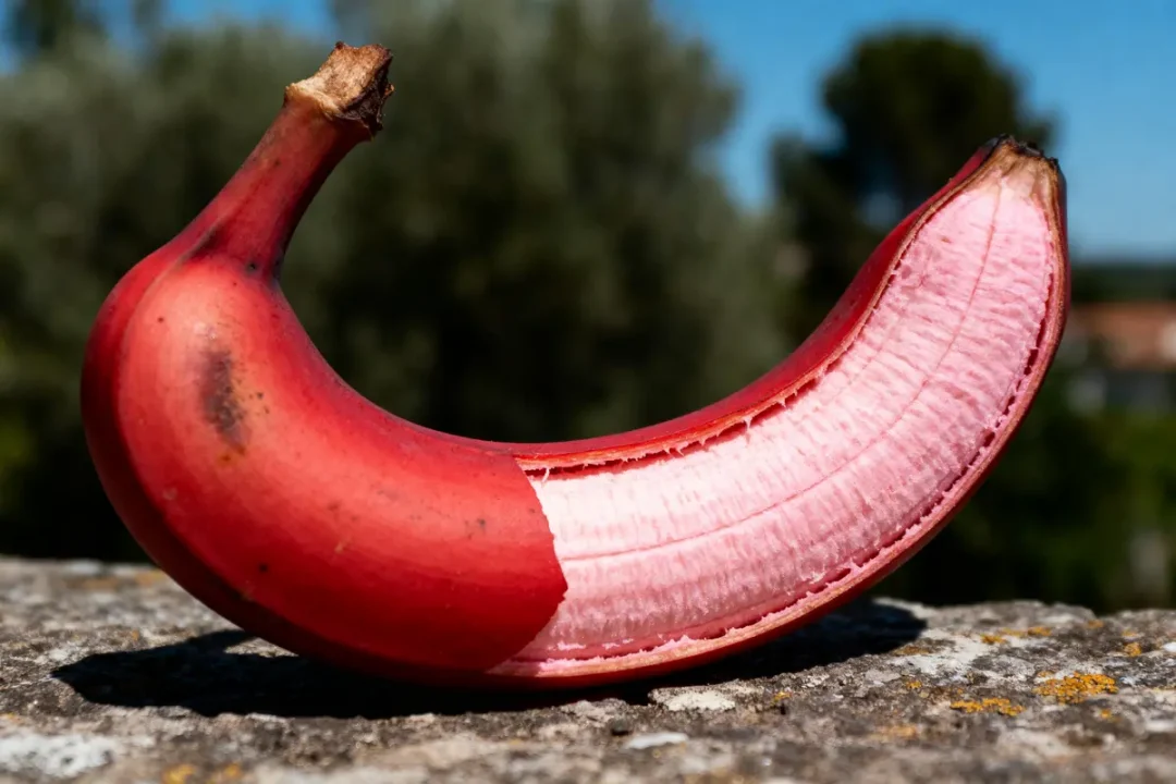 Banane rouge épluchée à moitié, posée sur une surface, avec un arrière-plan flou de végétation.