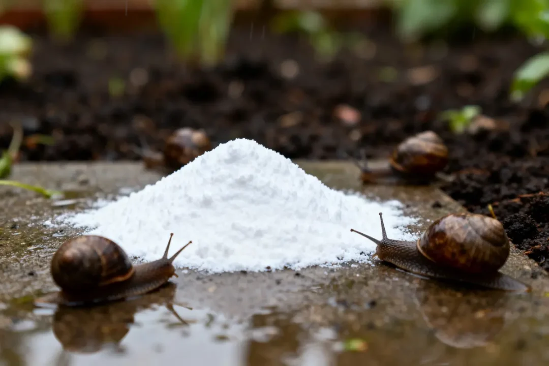 Escargots autour d'un monticule de poudre blanche sur sol humide, fond de terre et plantes.