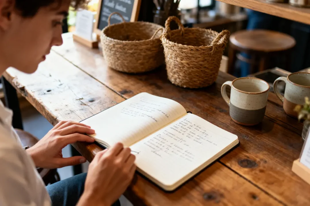 Personne écrivant dans un carnet sur une table en bois, tasses de café et paniers tressés autour.