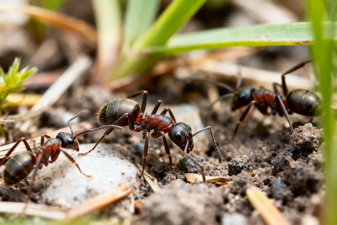 Trois fourmis marchant sur le sol avec des brins d'herbe autour d'elles.