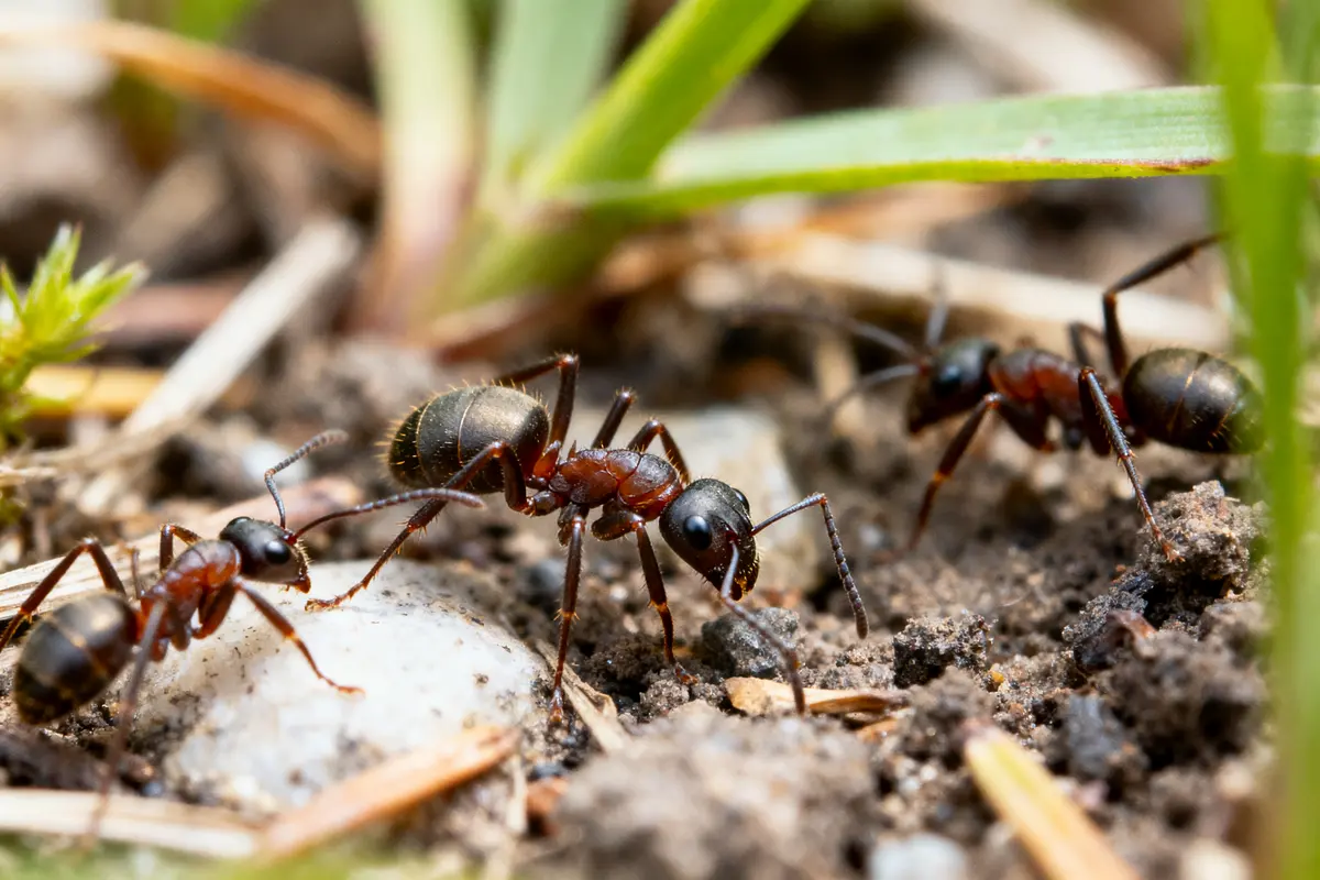 Trois fourmis marchant sur le sol avec des brins d'herbe autour d'elles.