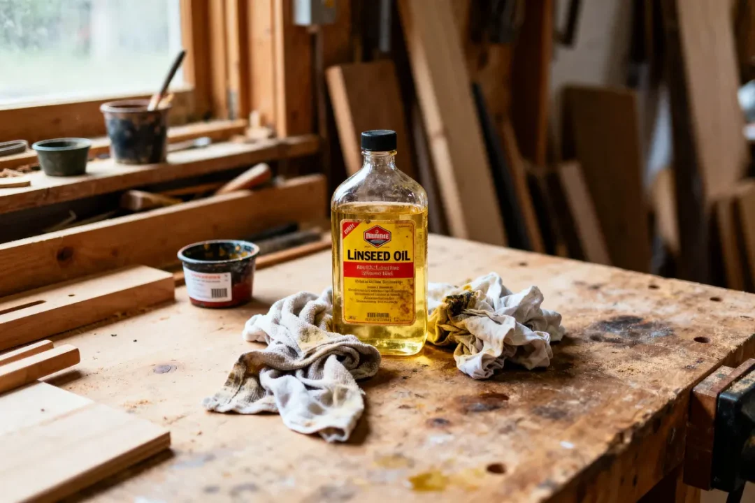 Bouteille d'huile de lin sur établi en bois, entourée de chiffons usagés dans un atelier.