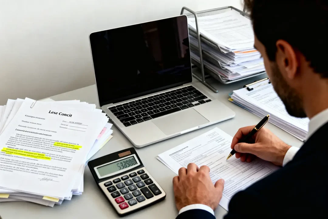 Un homme en costume remplit des documents sur un bureau avec ordinateur portable et calculatrice.