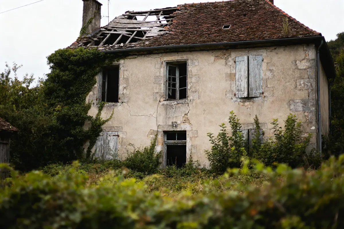 Maison abandonnée avec toit effondré, fenêtres et volets délabrés, recouverte de vigne, entourée de végétation.