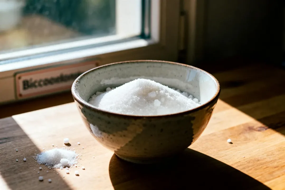 Bol de sucre sur table en bois, éclairé par la lumière du soleil près d'une fenêtre.
