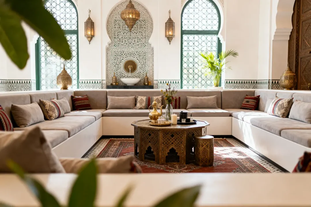 Salon marocain élégant avec table centrale ornée, canapés en L, coussins colorés, tapis rouge et lanternes décoratives.