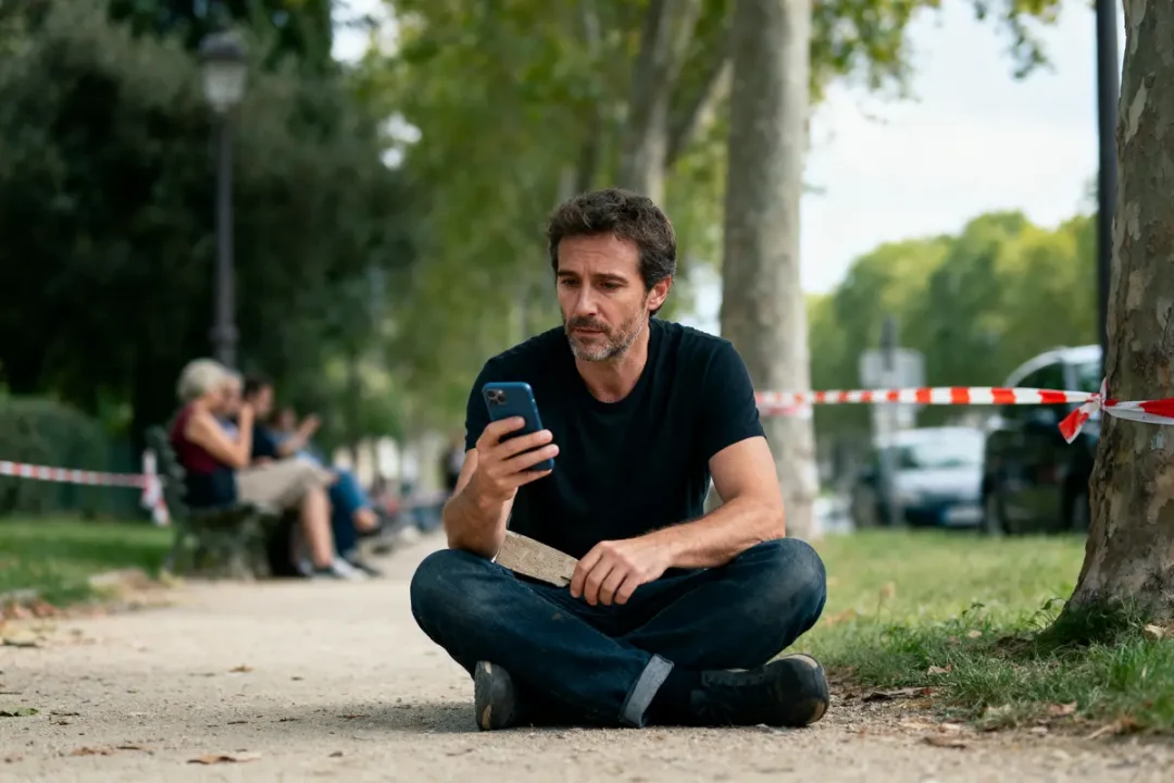 Homme assis par terre, regardant son téléphone dans un parc, entouré d'arbres et de passants flous.