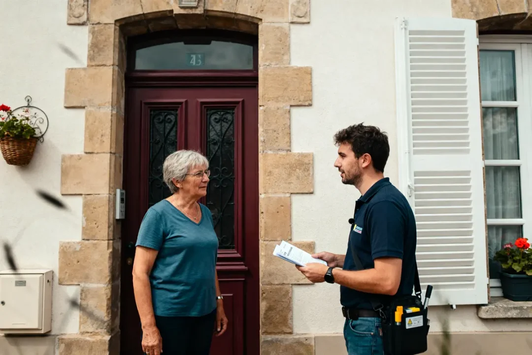Un homme et une femme discutent devant une maison en pierre, documents à la main.