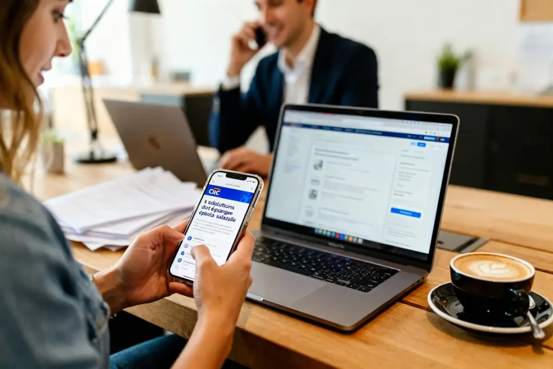 Personne utilisant application mobile CIC Épargne salariale, bureau avec ordinateur et café.