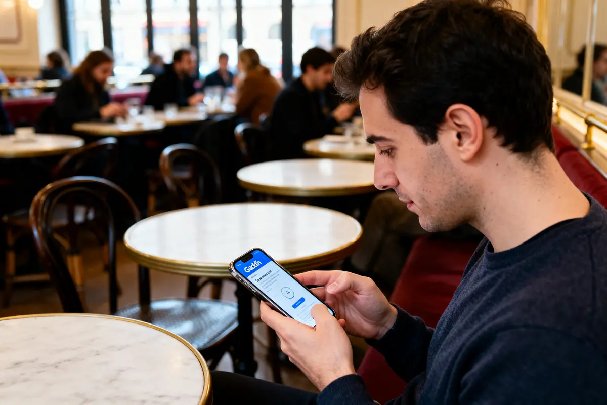 Personne utilisant l'application Gaddin sur smartphone dans un café parisien fréquenté