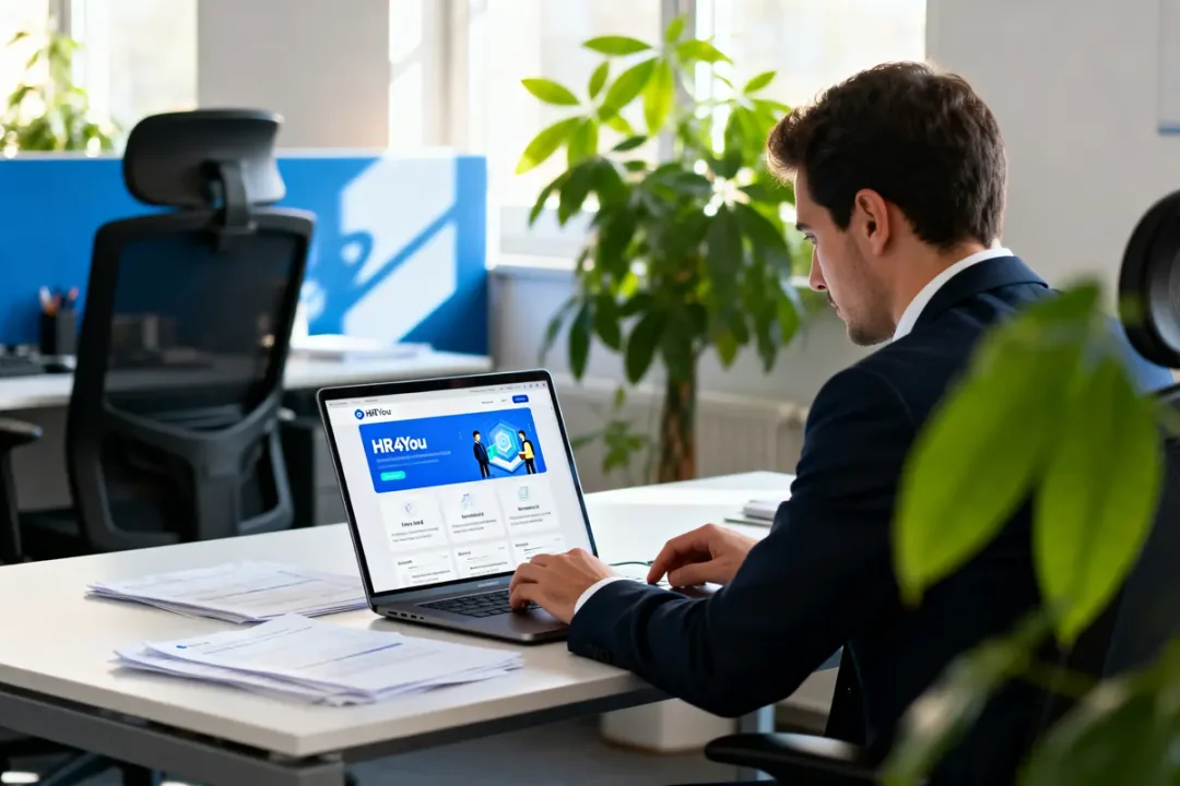 Un homme en costume utilise HR4You sur son ordinateur portable dans un bureau lumineux