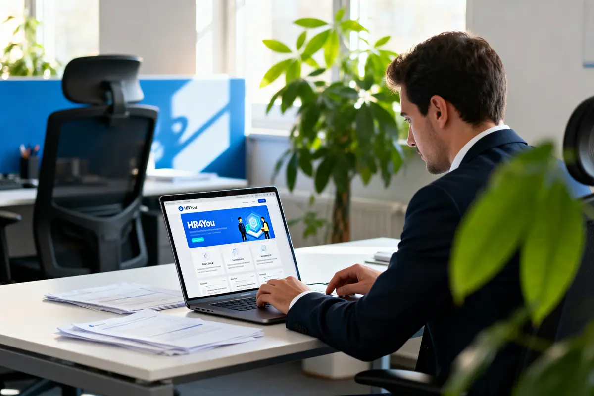 Un homme en costume utilise HR4You sur son ordinateur portable dans un bureau lumineux