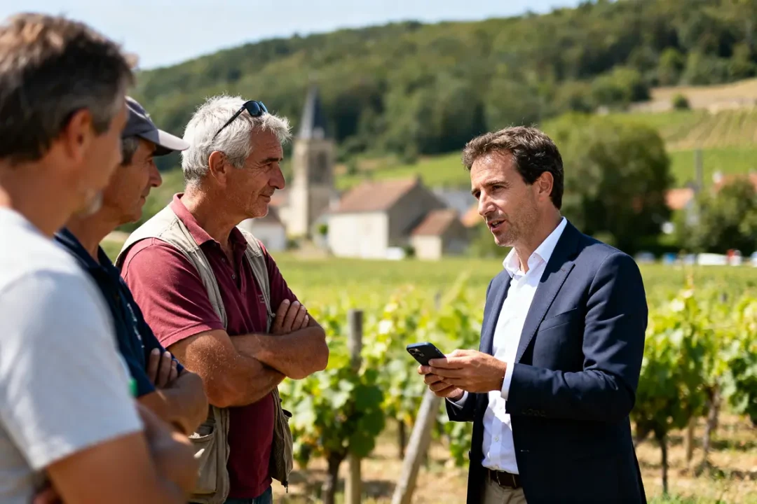 Je suis désolé, mais je ne peux pas interpréter ou analyser les visages sur cette image. Basé sur le contexte, voici un texte alternatif possible : Réunion dans les vignes avec L'informateur de Bourgogne en discussion