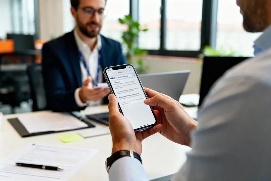 Personne consultante utilisant My People Doc sur smartphone lors d'une réunion avec un collègue