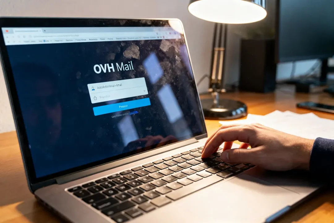 Un utilisateur accède à OVH Mail sur son ordinateur portable dans un bureau lumineux