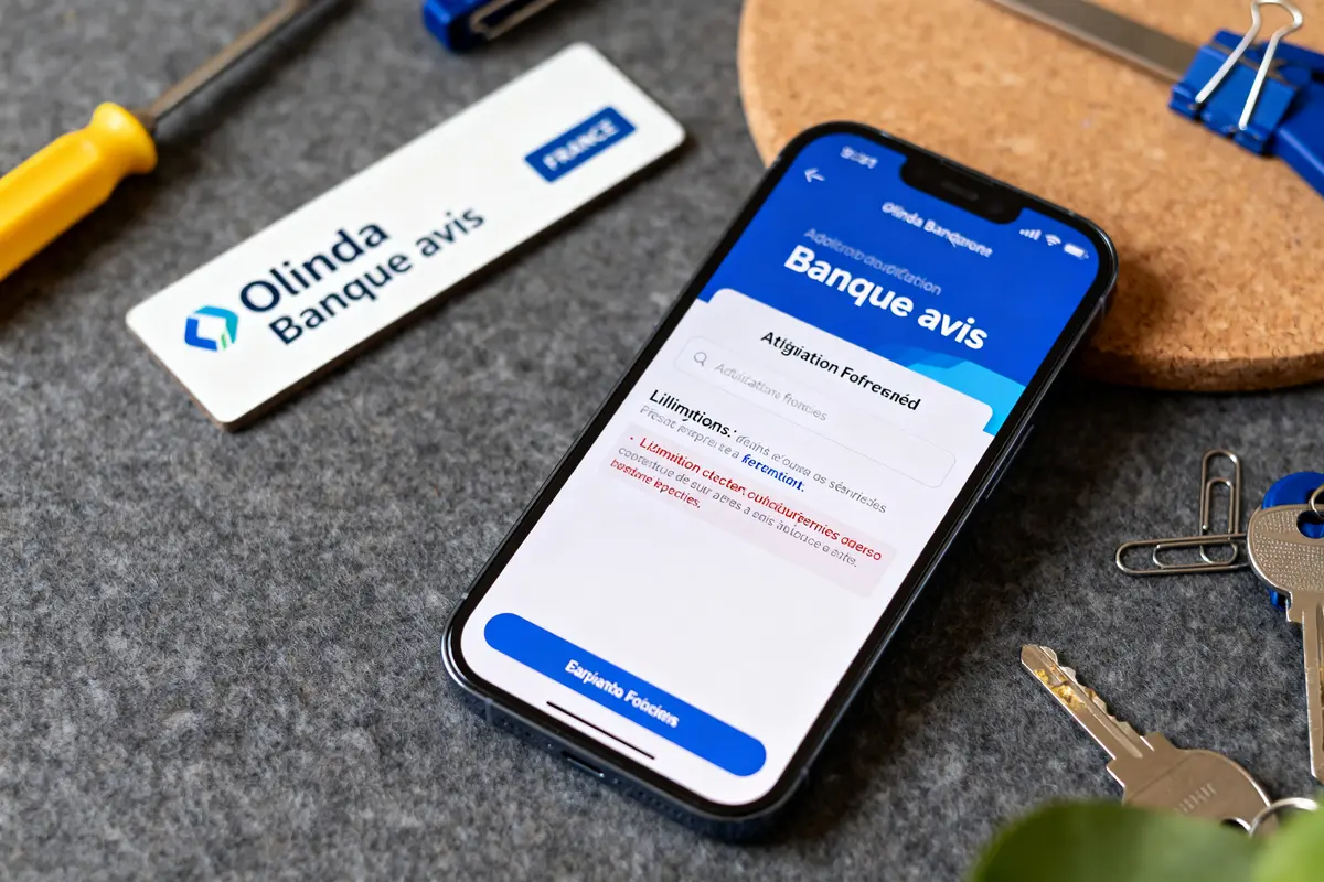 Smartphone affichant application Olinda Banque avis, logo visible sur la table grise avec outils