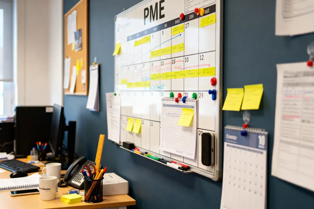 Tableau de planification PME rempli de post-its colorés dans un bureau organisé