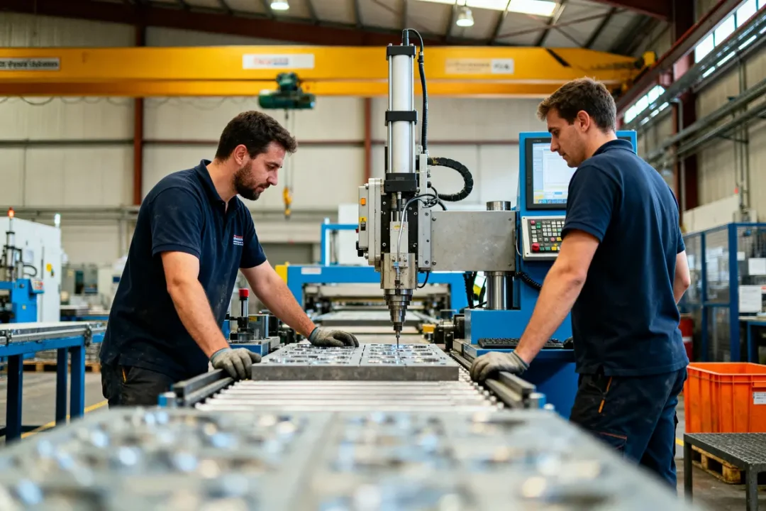 Des techniciens appliquent le Total Productive Maintenance sur une machine dans une usine industrielle