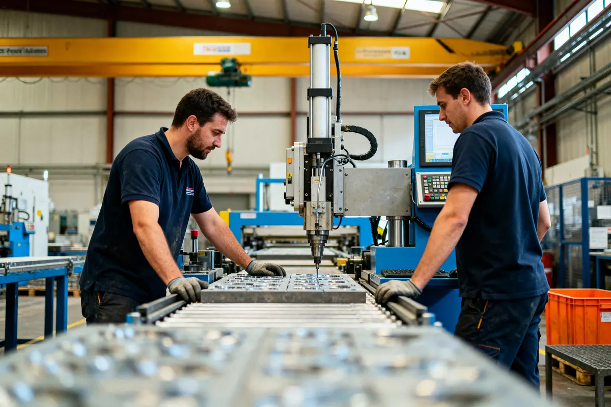 Des techniciens appliquent le Total Productive Maintenance sur une machine dans une usine industrielle