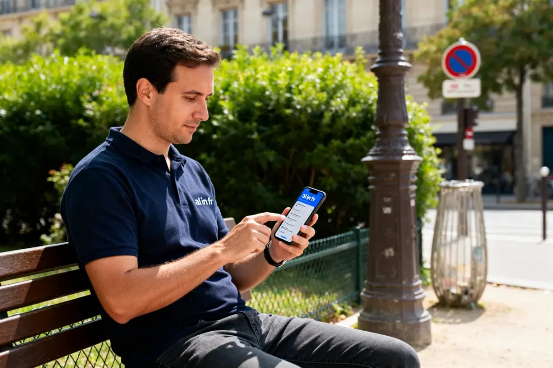 Homme sur banc utilisant smartphone avec application al in.fr en extérieur urbain