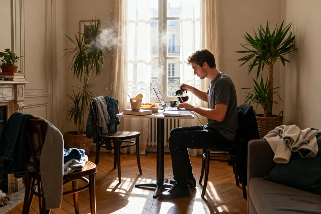 Homme travaillant sur ordinateur dans un appartement paris lumineux avec plantes et parquet en bois