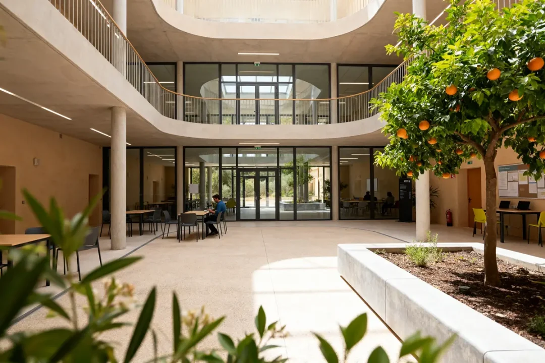 Atrium sud lumineux avec arbre fruitier et espaces de travail modernes au rez-de-chaussée