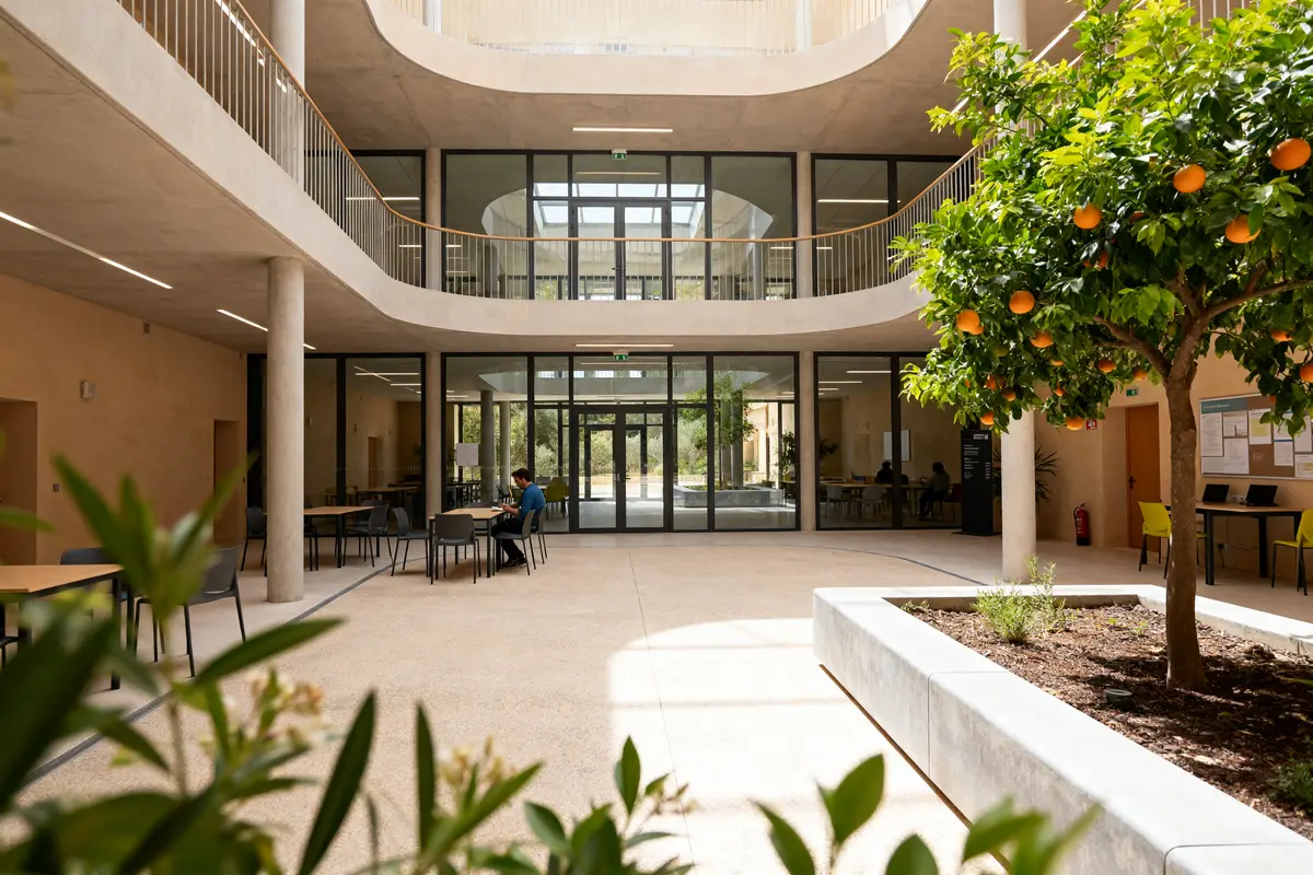 Atrium sud lumineux avec arbre fruitier et espaces de travail modernes au rez-de-chaussée