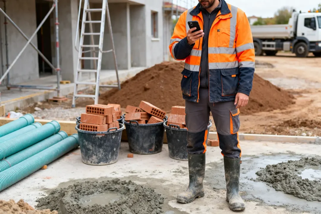 Homme en chantier consultant bati-actu.fr avec téléphone, briques et tuyaux sur place construction
