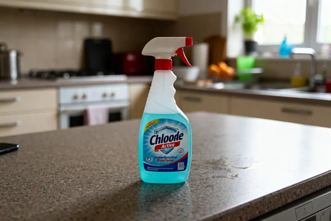 Flacon de nettoyant Chloode Active sur un comptoir de cuisine bec j net