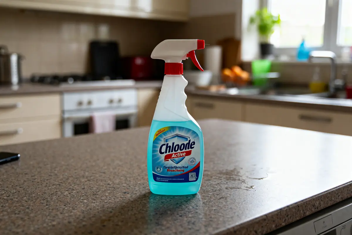 Flacon de nettoyant Chloode Active sur un comptoir de cuisine bec j net