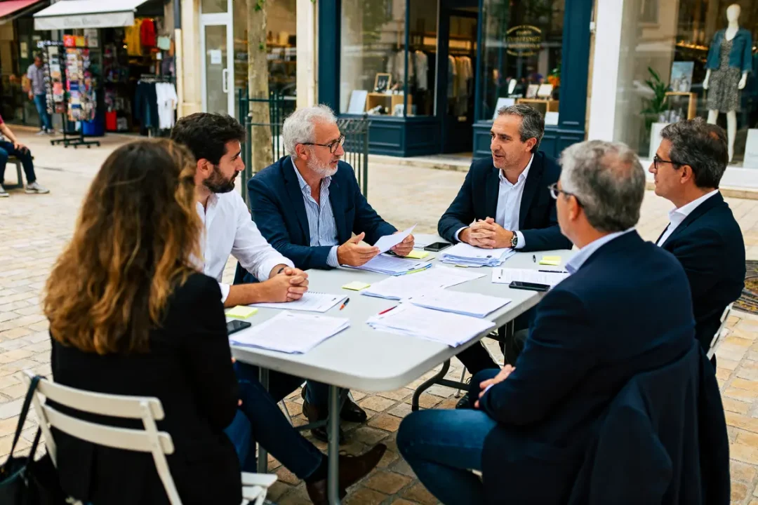 Réunion de dirigeants discutant stratégie pour la business improvement association en extérieur
