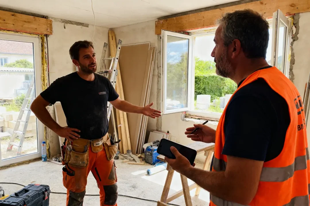 Deux ouvriers discutent rénovation intérieure avec devis travaux habitatpresto échelle fond mur fenêtre ouverte