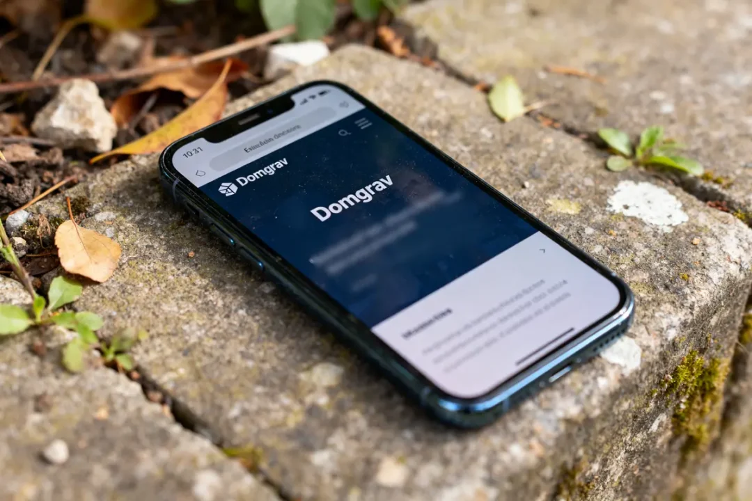 Smartphone affichant le site Domgrav sur un sol pavé avec feuilles et mousse