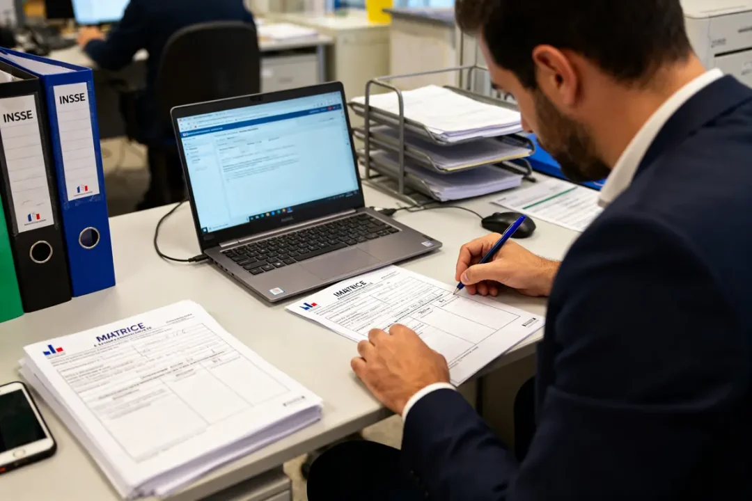 Homme complétant un formulaire immatriculation insee c'est quoi à son bureau avec ordinateur portable