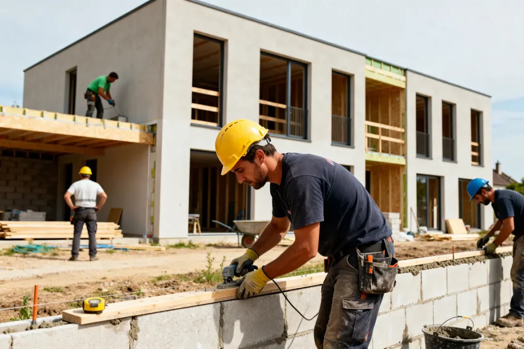 Travailleurs sur un chantier de construction moderne par killahejlaszo housing ltd in new