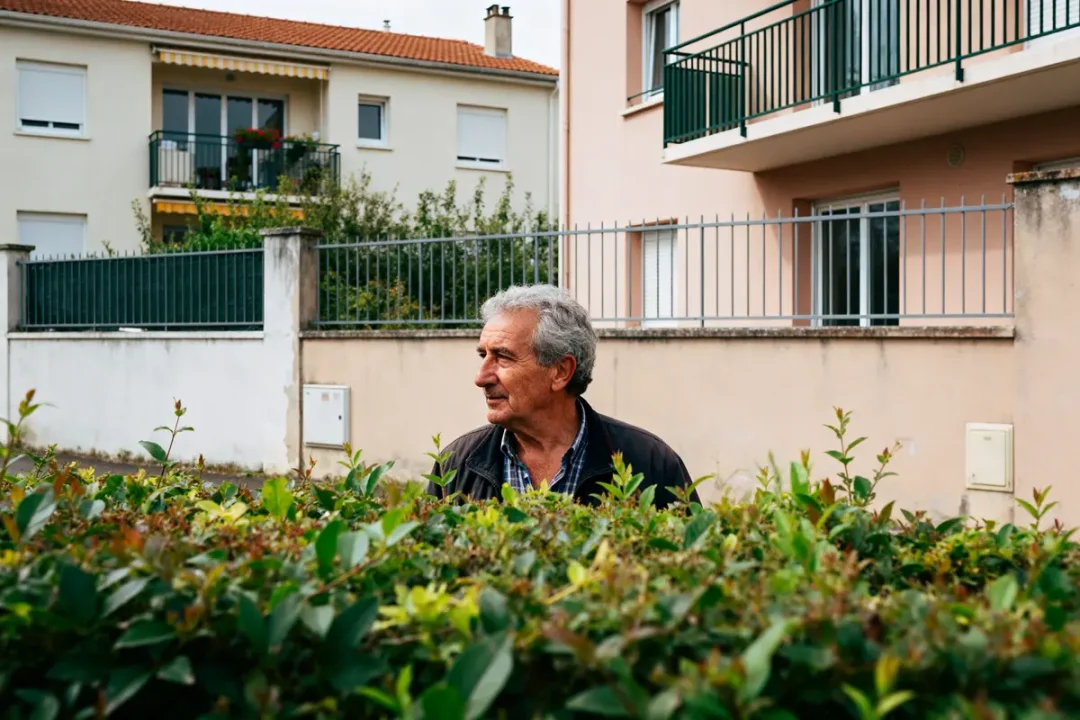 Homme âgé observant depuis le jardin devant une maison loc annonce