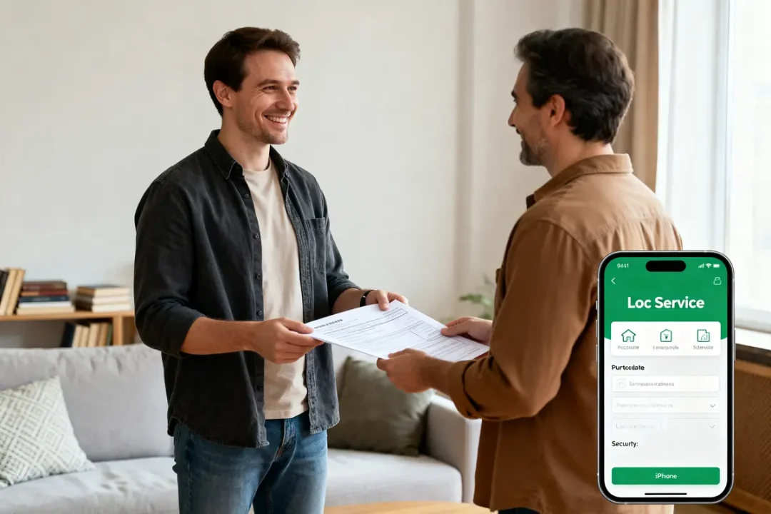 Deux hommes échangent un contrat avec app Loc Service en vue, locservice avis positif.
