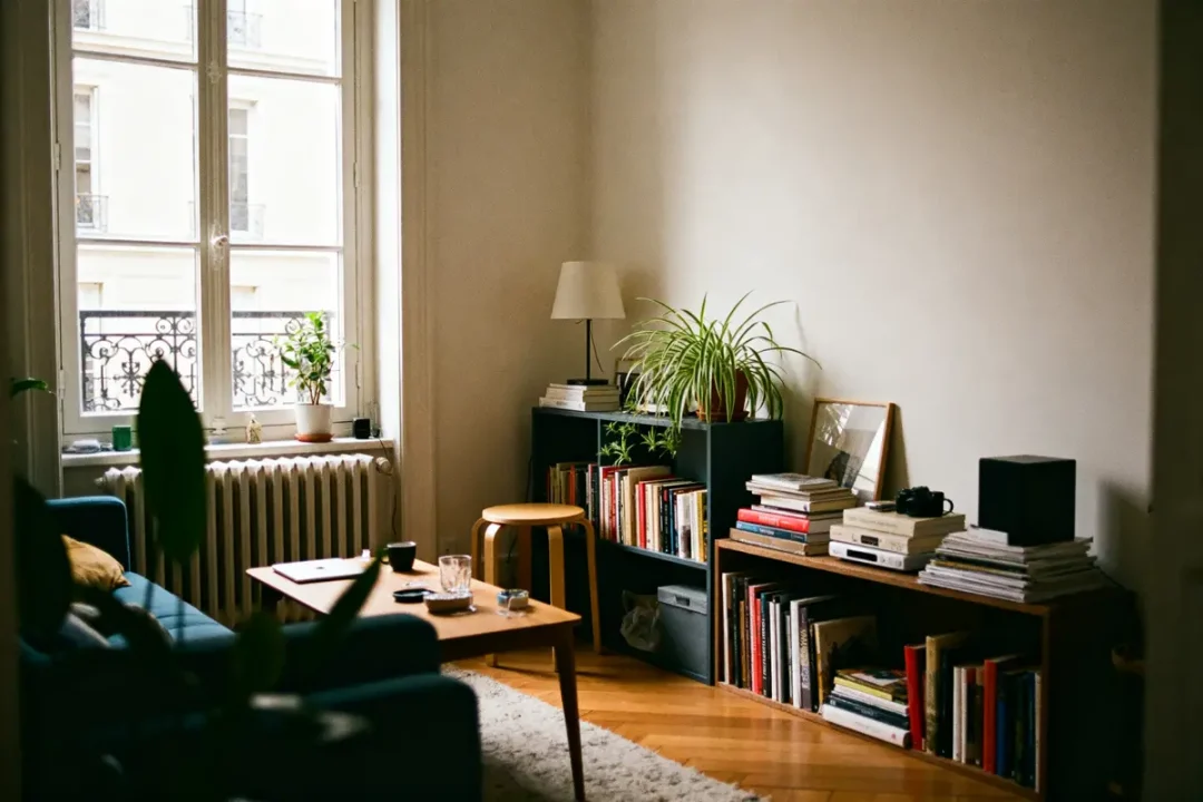 Salon lumineux avec bibliothèque et plantes, exemple de logement disponible Paris Habitat