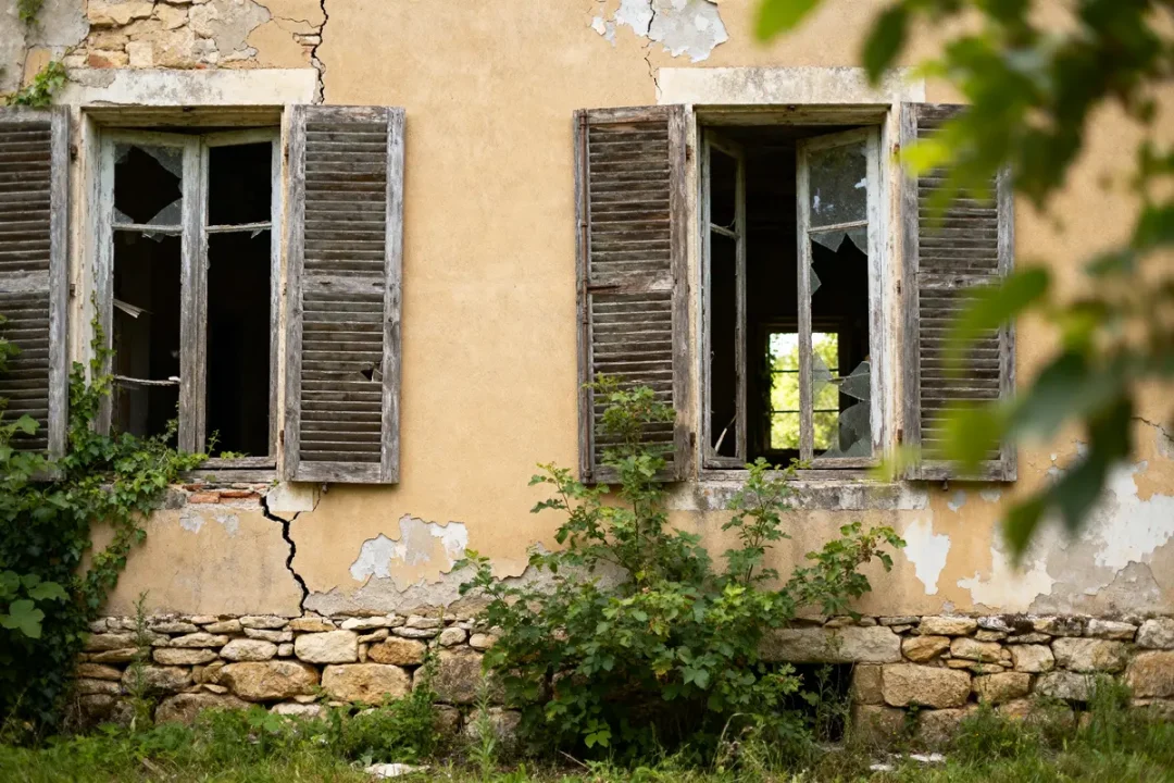 Vieilles fenêtres cassées et murs fissurés d'une maison abandonnée en ruines