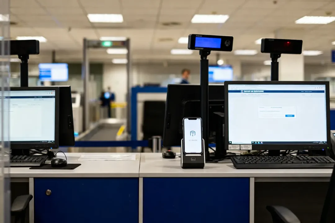 Ordinateurs et scanners de mercure douane dans une zone de contrôle des passagers