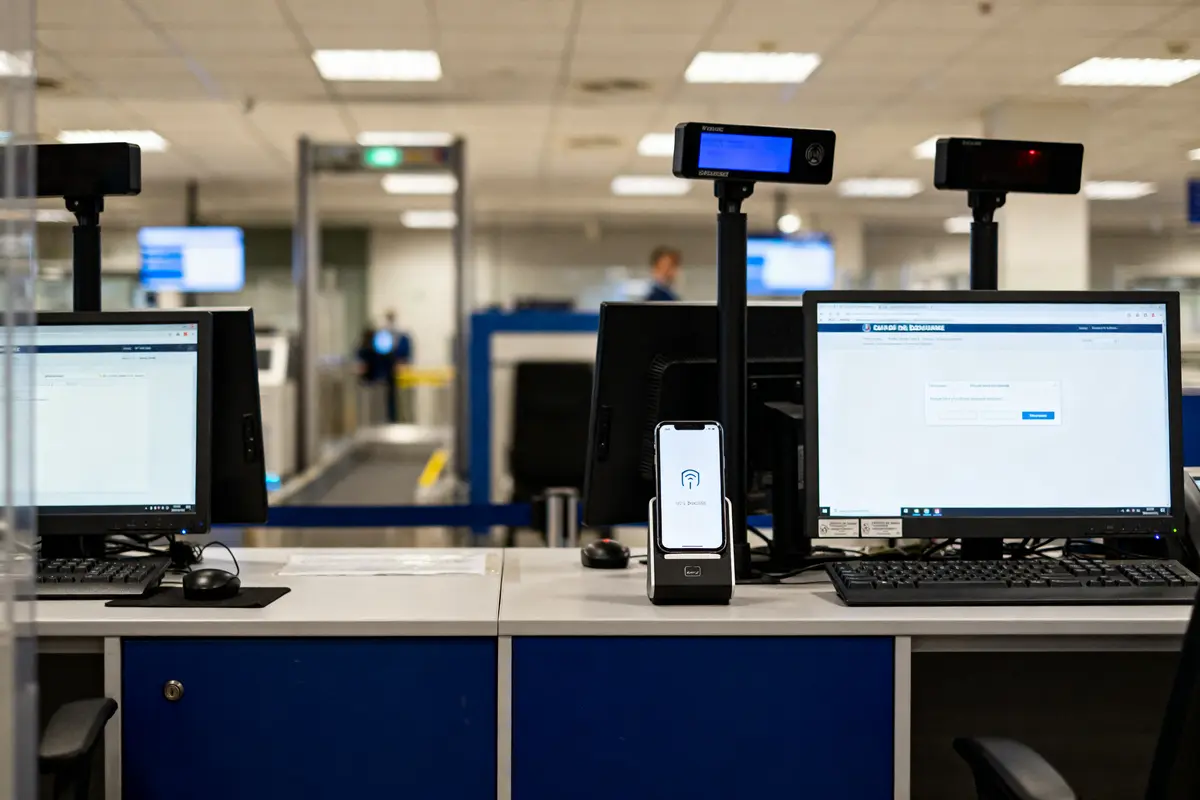 Ordinateurs et scanners de mercure douane dans une zone de contrôle des passagers