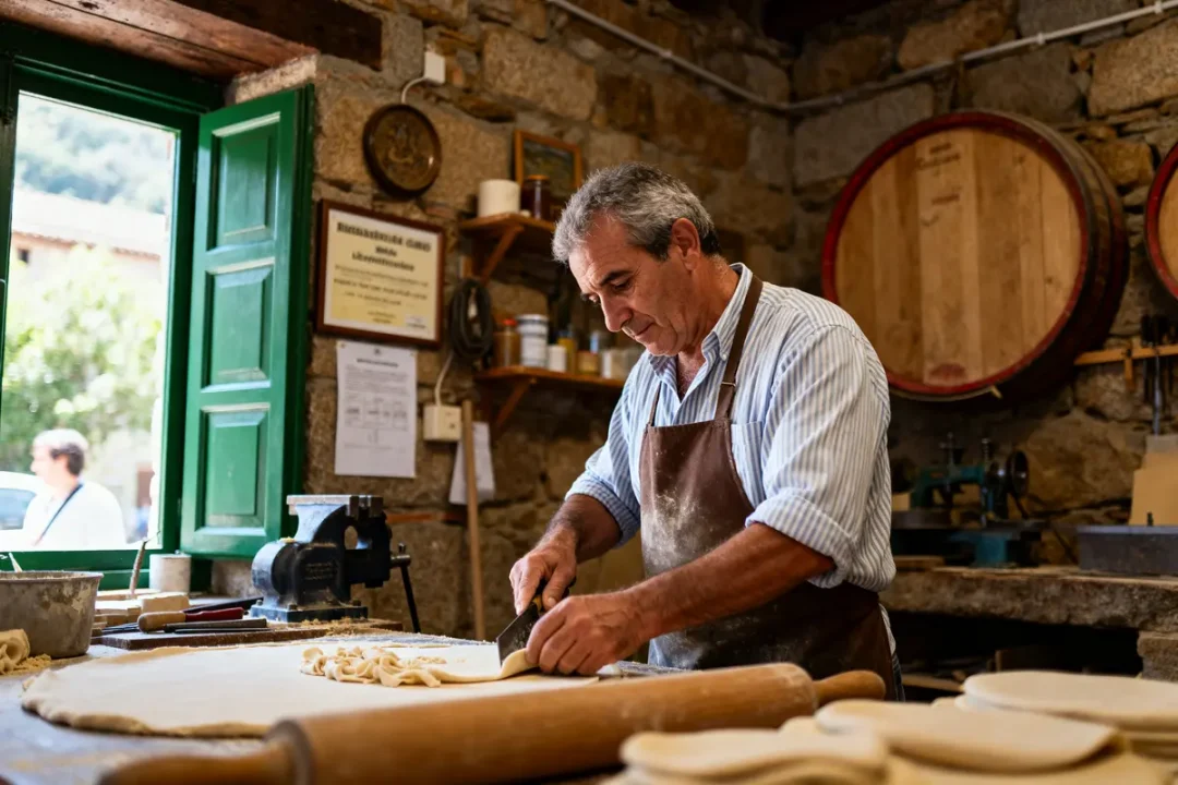 Vieil artisan coupant de la pâte dans un atelier rustique sur merkatu.fr