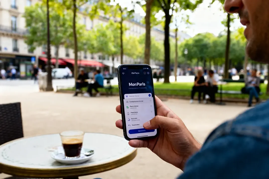 Personne utilisant l'application MonParis sur smartphone dans un parc parisien avec café sur table